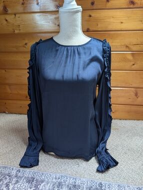 Silky LOFT Navy Ruffle-Trim Long Sleeve Blouse